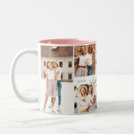 Beste Schwester je Sister Script Herz Foto Collage Zweifarbige Tasse (Links)
