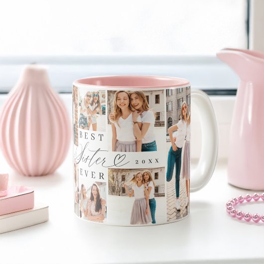 Beste Schwester je Sister Script Herz Foto Collage Zweifarbige Tasse