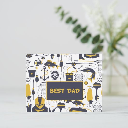 Beste Vater-Fischereiausrüstung in Blau und Gold Postkarte (Stehend Vorderseite)