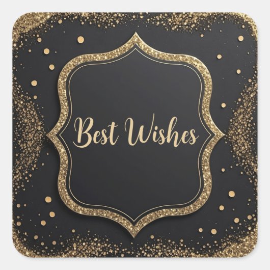 Beste Wünsche Goldener Schwarzer Glitzer Quadratischer Aufkleber (Vorderseite)
