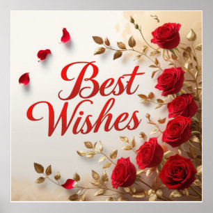 "Beste Wünsche" mit Rote Rosen und Gold-Blätter Poster