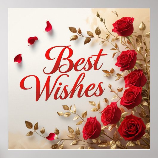 "Beste Wünsche" mit Rote Rosen und Gold-Blätter Poster (Vorne)
