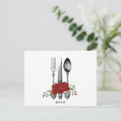 Besteck Rote Florale Hochzeit Rsvp Postkarte (Stehend Vorderseite)