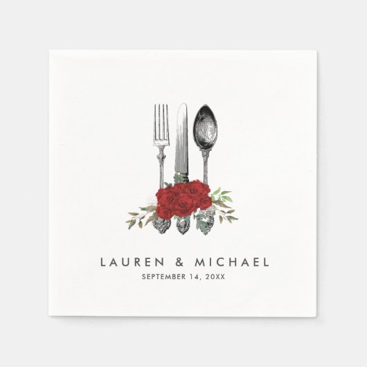 Besteck rote Rosen Blumengrün Hochzeitsnapkins Serviette (Vorderseite)