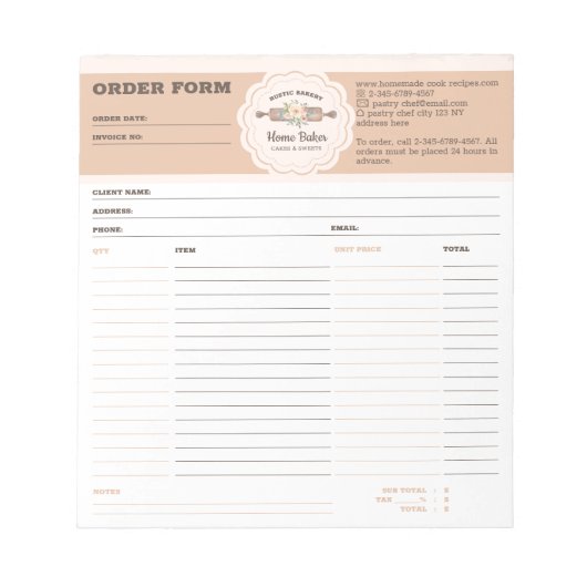 Bestellformular für Bäckereien Notizblock (Vorderseite)