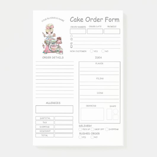 Bestellformular für die Bestellung von Bäckereien Post-it Klebezettel (Vorderseite)