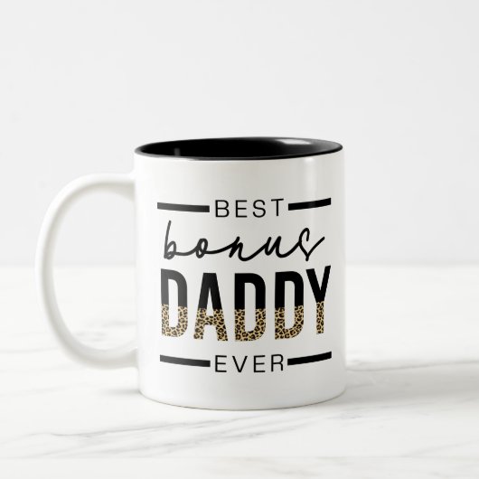 Bester Bonus-Vater je Leopard-Typografie Zweifarbige Tasse (Links)