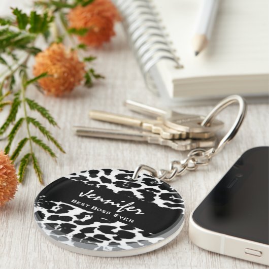 Bester Chef-überhaupt Name-Schwarz-weißer Leopard Schlüsselanhänger (Vorderseite rechts)