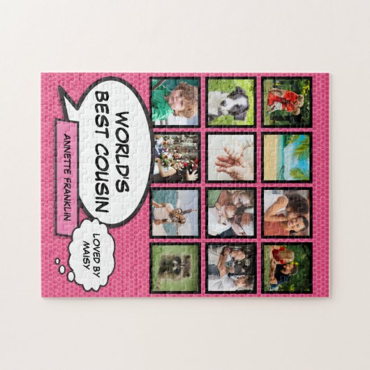 Bester Cousin 12 Foto Collage Pink Fun Comic Puzzle (Horizontal)