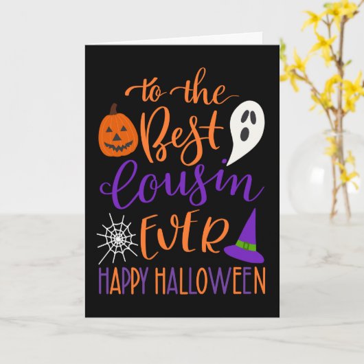 Bester Cousin je Halloween in Orange und Lila Karte (Gelbe Blume)