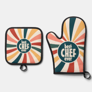 Bester Koch je farbenfrohe Retro-Muster Kochen Ofenhandschuh & Topflappen-Set