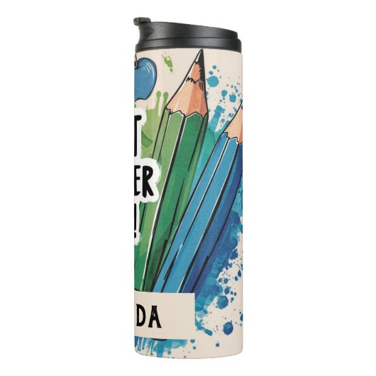Bester Lehrer Ever individuelle Name Äpfel/Stifte Thermosbecher (Nach rechts gedreht)