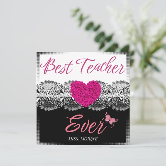 Bester Lehrer je Schwarz & Weiß mit rosa Herz Dankeskarte (Stehend Vorderseite)