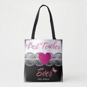 Bester Lehrer je Schwarz & Weiß mit rosa Herz Tasche