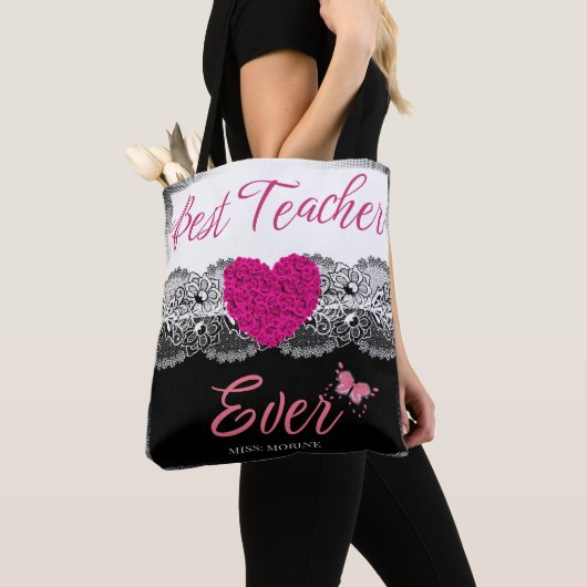 Bester Lehrer je Schwarz & Weiß mit rosa Herz Tasche (Von Nahem)