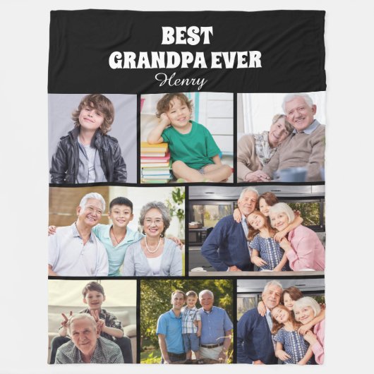Bester Opa Ever 8-Foto-Collage Chic Schwarz Fleecedecke (Vorderseite)