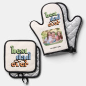 Bester Vater für Foto Retro-Text Ofenhandschuh & Topflappen-Set (Vorderseite/Rückseite)