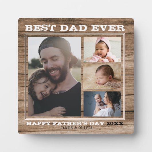 Bester Vater je 4 Familienfoto Collage Brown Wood Fotoplatte (Vorderseite)
