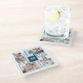 Bester Vater je 4 Foto Collage Blue White Monogram Glasuntersetzer (Schrägansicht)