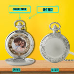 Bester Vater je Portrait Vintager Fischfang Hinter Taschenuhr<br><div class="desc">Geben Sie ein Geschenk,  das es jemandem ermöglicht,  an die Lieben erinnert zu werden,  jedes Mal,  wenn sie die Zeit,  die Sie den Text,  das Foto und den Hintergrund bearbeiten können,  Karo. Dieses Design hat ein analoges Zifferblatt mit Vintagem Fischhintergrund.</div>