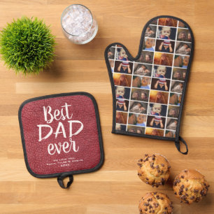 Bester Vater je rotes Leder drucken 6 FotoCollage Ofenhandschuh & Topflappen-Set