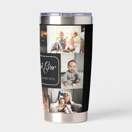 Bester Vater je schwarze FotoCollage Thermobecher (Rückseite)