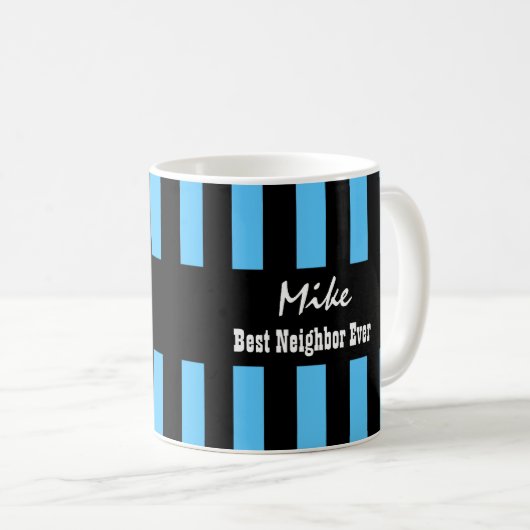 Bestes NACHBAR-überhaupt BLAUES SCHWARZES Stripes Kaffeetasse (VorderseiteRechts)