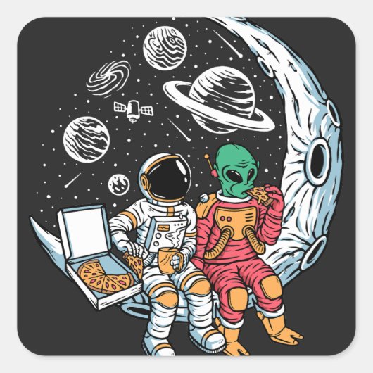Bestfriends Alien und Astronaut Quadratischer Aufkleber (Vorderseite)