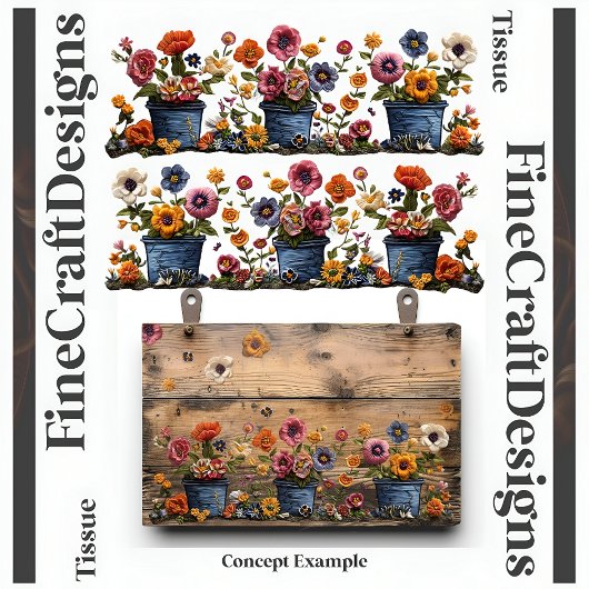 bestickte Blume in Pots Decoupage L und R 018 Seidenpapier