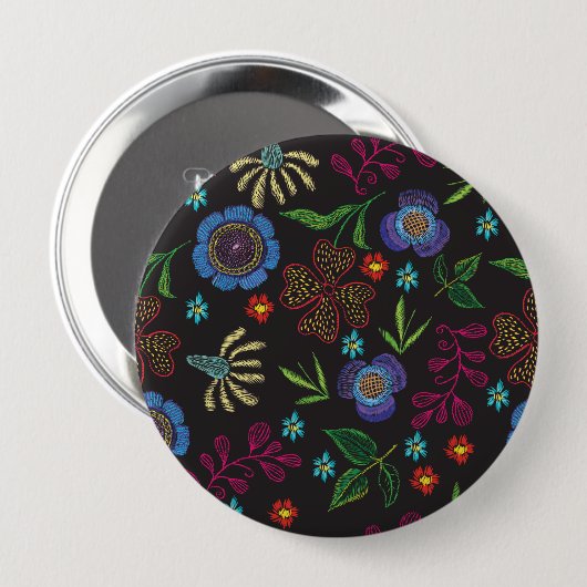 bestickte Brosche mit Blume auf schwarzem Untergru Button (Vorne & Hinten)