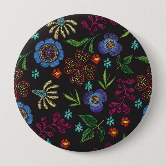 bestickte Brosche mit Blume auf schwarzem Untergru Button (Vorderseite)