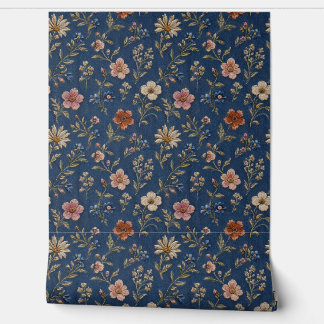 Bestickte einfache Wildblumen auf Jeanshintergrund Tapete