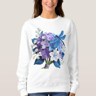 Bestickte Hortensien und Libellen-Botanik-Kunst Sweatshirt