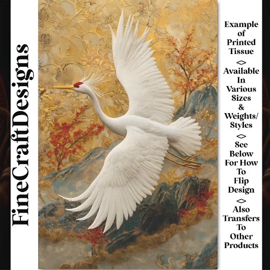bestickter Kranich und Rote Blüten BW5 Decoupage Seidenpapier