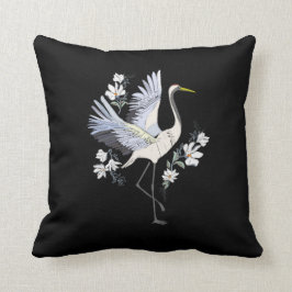 besticktes Weiß und Grau Krane Bird Floral Black Kissen