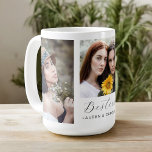 Besties 3-Foto Template Friendship Kaffeetasse<br><div class="desc">Dieses 3-Foto-Tasse-Design ist ein durchdachtes Geschenk für Ihre beste Freundin und verfügt über eine Fotovorlage mit 2 vertikalen Fotos und einem quadratischen Foto in der Mitte. In der Textvorlage werden "Besties" in der modernen Skripttypografie und Namen angezeigt, die mit Ihren Namen personalisiert werden sollen. Diese Tasse macht einen wunderbaren Sake,...</div>