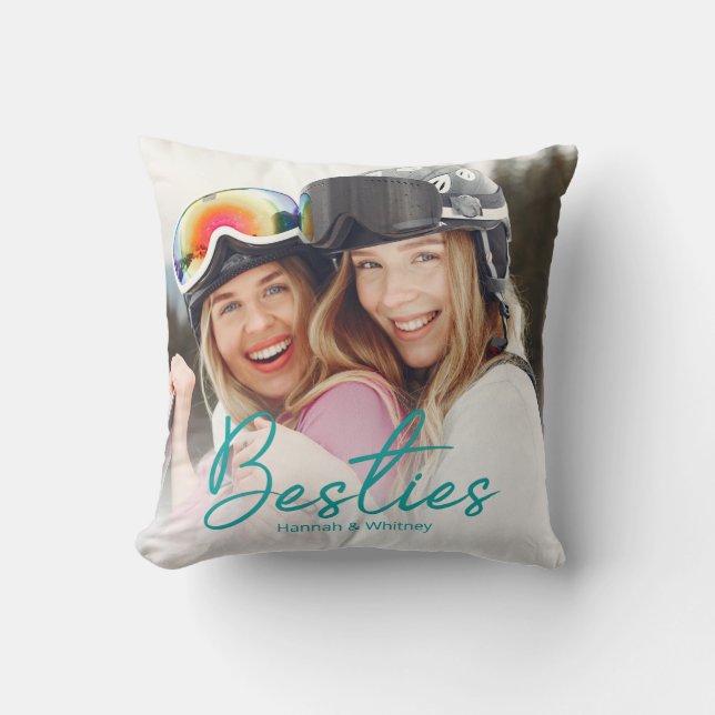 Besties Aquamarin Script Custom Foto Throw Pillow Kissen (Vorderseite)