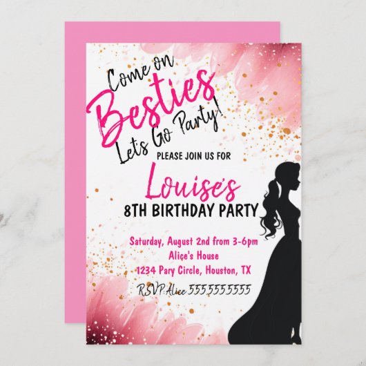 Besties Doll Pink Glitzer Party Geburtstag Einladung (Vorne/Hinten)