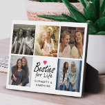 Besties for Life Script Best Friends Foto Collage Fotoplatte<br><div class="desc">Feiern Sie mit unserer Plakette "Besties For Life" Ihre unzerbrechliche Bindung! Mit dem herzzerwärmenden Zitat "Besties for life" in eleganter schwarzer Schrift-Typografie mit einer niedlichen, heißen rosa Herzensbuchse ist diese Plakette ideal für den Gedenken an Ihre besondere Freundschaft. Personalisieren Sie es mit Ihren Namen und einer 5-Foto-Collage Ihrer Lieblings-Erinnerungen zusammen...</div>