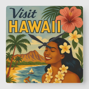 Besuch auf Hawaii in der Mitte des Jahrhunderts To Quadratische Wanduhr