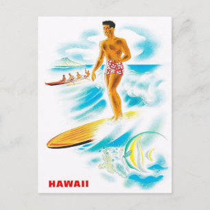Besuch Hawaii - Surfen - Vintage - Reise Postkarte