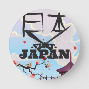 Besuchen Sie Japan Retro-Reiseplakat. Runde Wanduhr