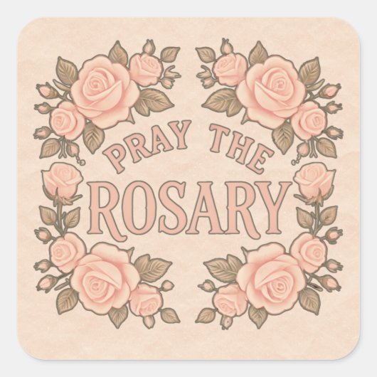 Bete den Rosary Peach Floral Religious Quadratischer Aufkleber (Vorderseite)