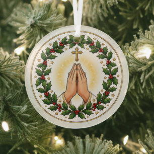 Betende Hände Weihnachts-Holly-Kranz Keramik Ornament Aus Glas