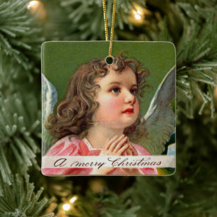 Betender Engel mit Weihnachtsbanner Keramikornament