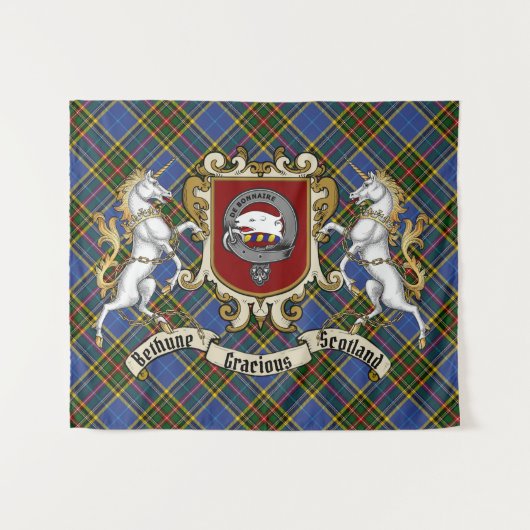 Bethune Clan Abzeichen & Unicorns w/Tartan Wandteppich (Vorderseite (Horizontal))