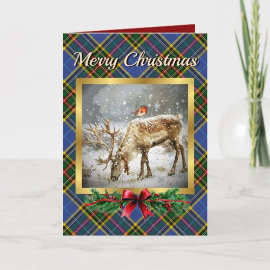 Bethune Stag & Robin Tartan Personalisiert Feiertagskarte (Vorderseite)