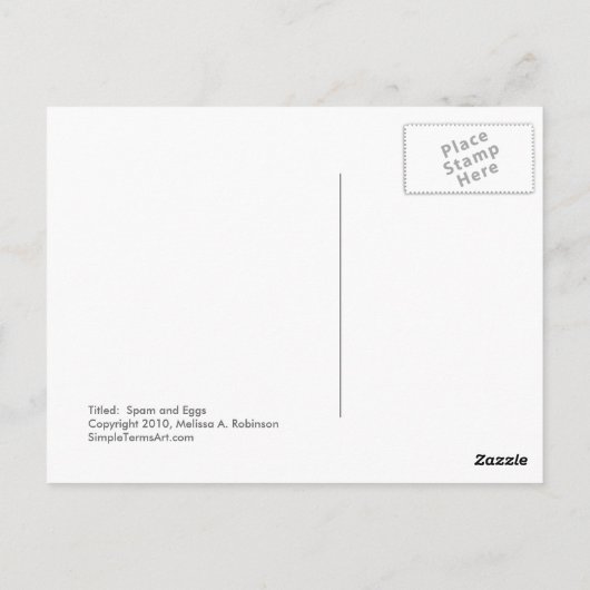 Betitelt: Spam und Eier - Spaßfrühstücks-Kunsthuhn Postkarte (Rückseite)