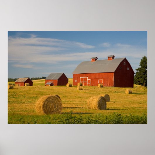 Betriebe | Red Barns Near Hay Bales Poster (Vorne)