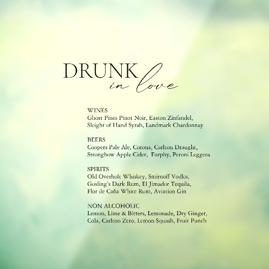 Betrunken in der Liebe Wedding Bar Menu Mirror Dec Fensteraufkleber (Blatt 3)